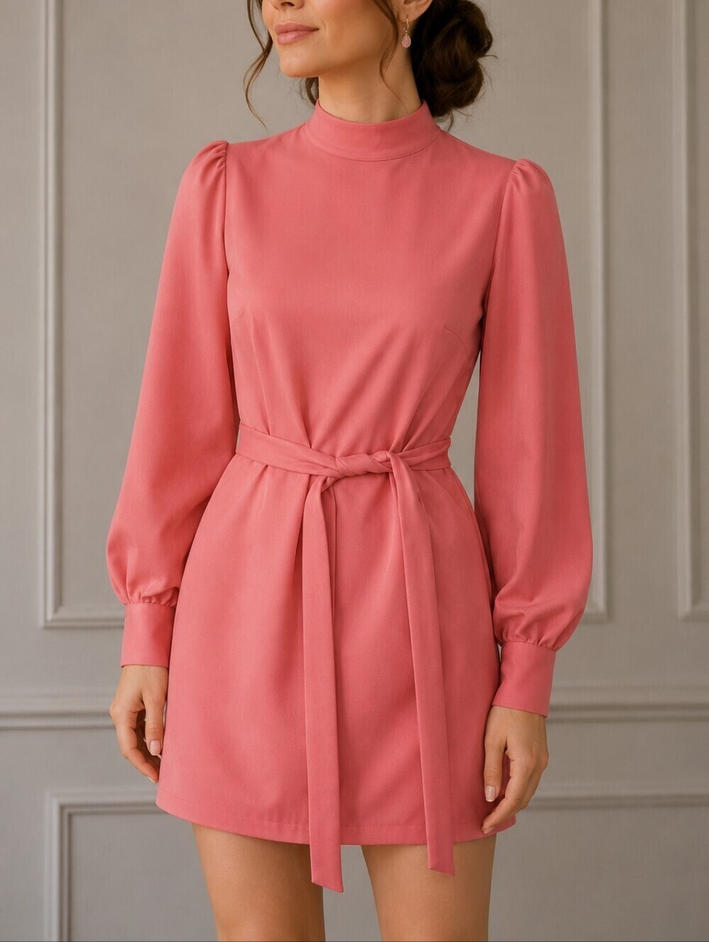 VTG 1970s HANDMADE Candy Pink Puff Sleeve Tie Waist Long Sleeve Blouse